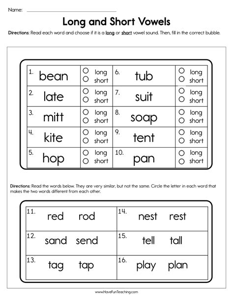 short and long vowels worksheets for grade 2